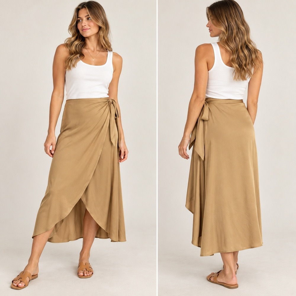 Old Navy Women Tan Satin Wrap Midi Skirt Side Tie Khaki 563421-00-1 Size M NWT
